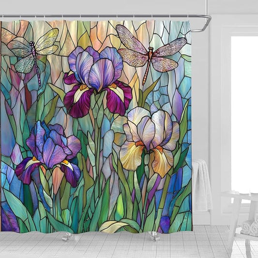 Stained Glass Shower Curtain Artistic Iris Dragonfly Purple Floral Green Leaves Abstract Nature Plant Spring Summer Modern Botanical Fabric Bathroom Decor Curtains with Hooks,70 x 70
