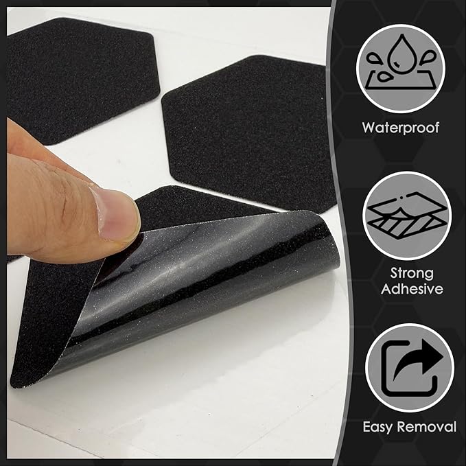 S&X 24 Pcs Shower Non Slip Stickers (Large 4.7" Hexagon), Modern Black Bathtub Non Slip Stickers, High Traction Grit Safety Decals for Tub Floor, Waterproof with Scraper