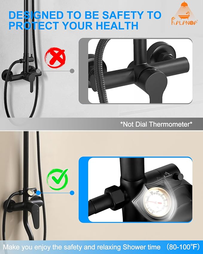 All-Metal Outdoor Shower Fixture,3 Functions Handle Tub Rainfall Shower Faucet Sets with Dial Thermometer Brass Valve, Black Exposed Shower System with 10'' Rainfall Shower Head Adjustable