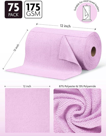 Fantasticlean Microfiber Cleaning Cloth Roll -75 pack, Tear Away Microfiber Towels, 12" x 12", Reusable, Washable, Scratch Free, Ultra Absorbent Dishcloth for Home Supplies, Car, Pet, Kitchen (Purple)