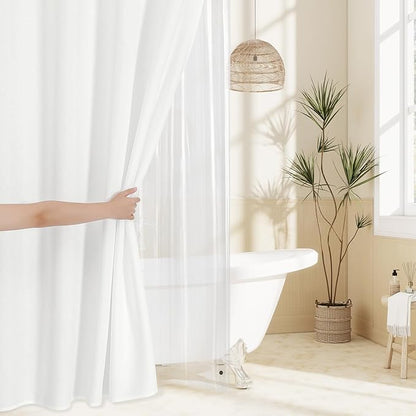 MitoVilla 3 in 1 Shower Curtain Set, White Boho Farmhouse Linen Textured Bath Curtain and Clear PEVA Liner Set with 12 Double Sided Steel Hooks, Waterproof Fabric Hotel Bathroom Curtain - 72x72