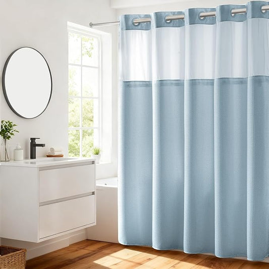 River Dream Heavyweight No Hooks Required Dotted Waffle Weave Shower Curtain with Snap in Liner - 71W x 74H,Hotel Grade,Spa Like Bath Curtain,Blue