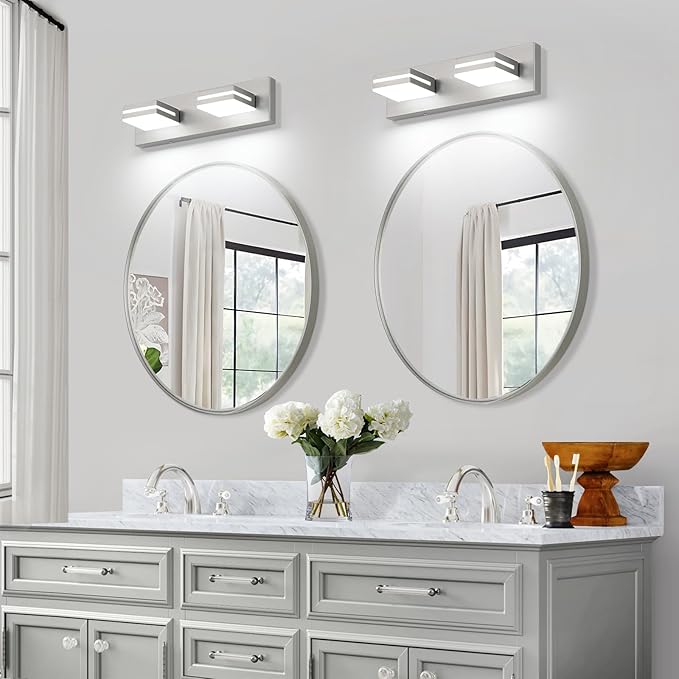 SineRise LED Modern Bathroom Vanity Light Fixtures (2-Light, 15.5-Inch, Dimmable), Brushed Nickel Modern Acrylic Bathroom Wall Lighting Fixtures Over Mirror (Cool White 6000K)