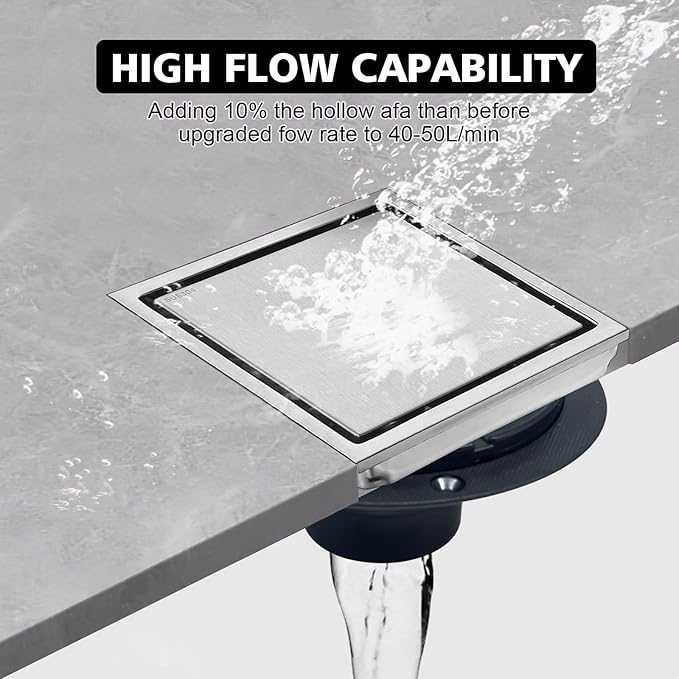 4 Inch Square Shower Drain with Flange, Removeable Grate SUS 304 Stainless Steel Shower Drain with Hair Catcher (Brushed Nickel-1, 4 Inch)