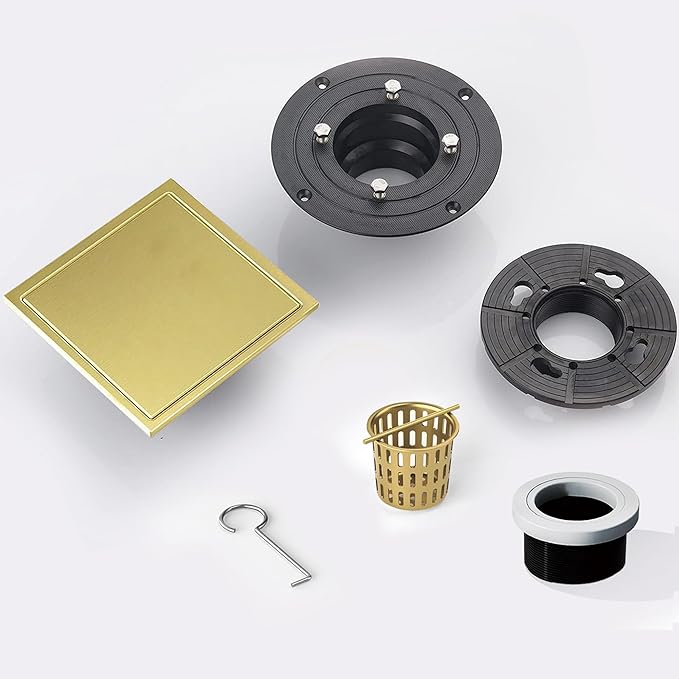 4 Inch Square Shower Floor Drain, Shower Drain Kit with Flange and 2 in 1 Tile-Insert Cover, Square Shower Drain, SUS 304 Stainless Steel Floor Drain,Brushed Gold