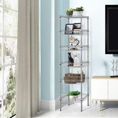 BNSPLY 6 Tier Wire Shelving Unit with Baskets Shelving, Height Adjustable Wire Shelves, Metal Storage Rack for Kitchen, Bathroom, Laundry Closet (13.5" D x 13.5" W x 63" H, Silver)
