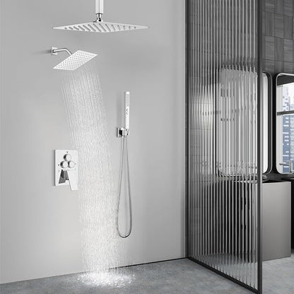 Aolemi Shower Faucet Set Ceiling Mount Shower System Rough-in Valve and Shower Trim Kit 10 and 6 Inch Dual Shower Head 2 in 1 Handheld Spray Push Button Diverter Polish Chrome
