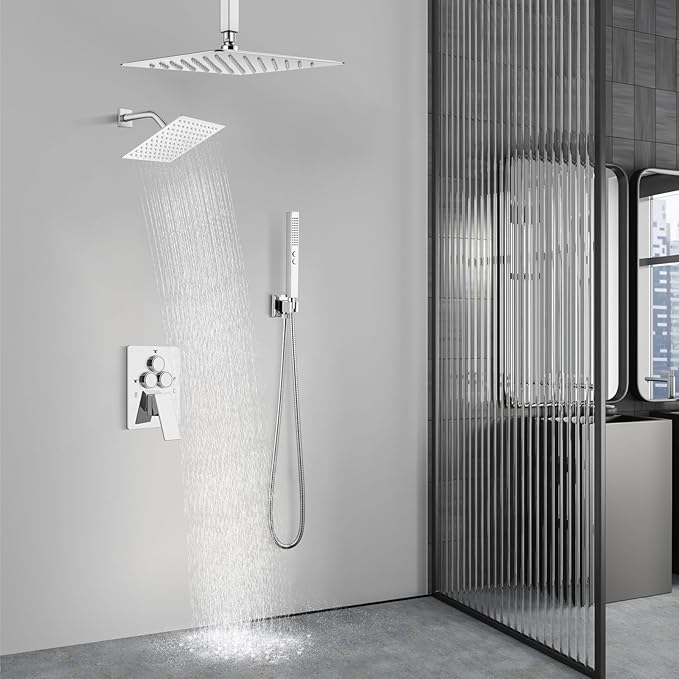 Aolemi Shower Faucet Set Ceiling Mount Shower System Rough-in Valve and Shower Trim Kit 12 and 6 Inch Dual Shower Head 2 in 1 Handheld Spray Push Button Diverter Polish Chrome