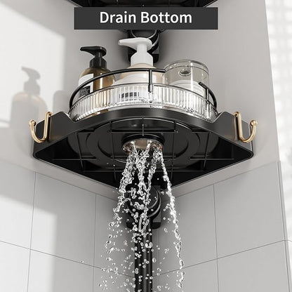 Shower Caddy Tension Pole with 4 L-Lazy Susan Organizer 360 Rotating 35-128 Inch No Drilling Floor Standing Shelves Adjustable Shower Rack for Bathroom Corner (Black)