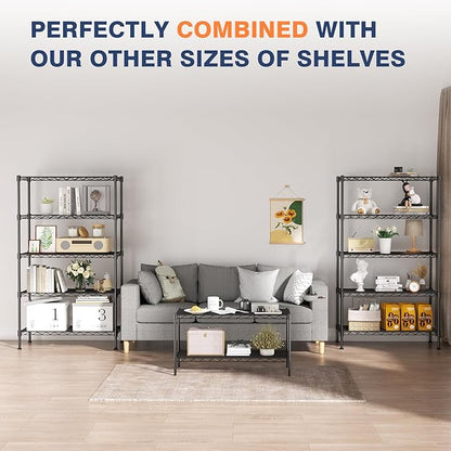 5-Tier Heavy Duty Wire Shelving Unit,35" Wx18 Dx71 H,Wire Shelf Racks with Wheels,Height Adjustable Storage Metal Shelves for Kitchen,Garage,Office,Living Room,Pantry,Black