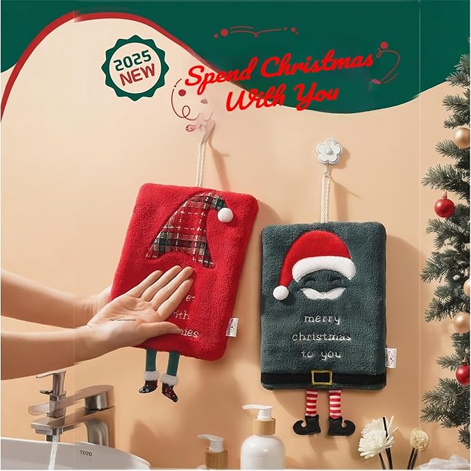 Cesqouc® 4pcs New Hand Towels with Hangable Linen and Christmas Decorative Feet with Christmas Patterns:Santa Claus,Witch Hat,Snowman,Elk for Bathroom/Kitchen/Living Room