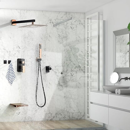 Shower Faucet Set with Tub Spout, Matte Black and Rose Gold Rainfall Shower System Complete Wall Mounted for Bathroom with 12 Inch Square Shower Head and Handheld Shower Head Rain Mixer Combo