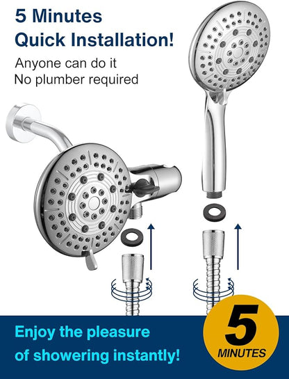 Cobbe 48-Setting High Pressure 3-Way Shower Head Combo, Hand Held Shower & Rain Shower Separately or Together, 4.7" Dual 2 in 1 Showerhead with Hose - Brushed Nickel - U.S. Invention Patents