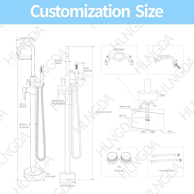 Freestanding Tub Filler Polished Chrome Floor Mount Bathtub Faucet Bathroom,Rough-in Valve 2 Function Handshower for Tub Rinsing Bathing,Anti-Wobble Base,Cylinder Handheld