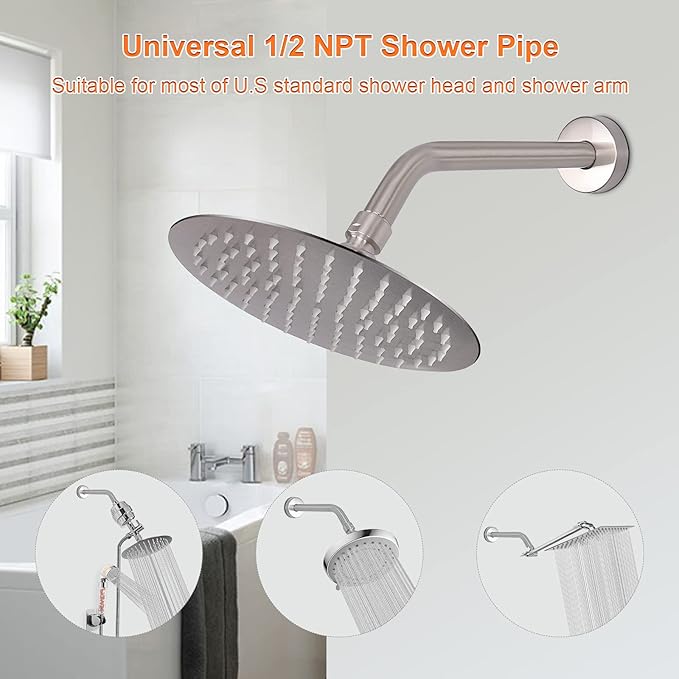 HarJue Shower Arm with Flange and Teflon Tape, Wall Mounted Shower Pipe 304 Stainless Steel Extension Arm for Fixed Shower Head & Handheld (10 Inch, Brushed Nickel)