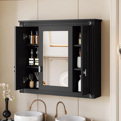Merax Wall Mounted Bathroom Medicine Cabinet with Mirror, Bathroom Wall Cabinet with Doors and Shelves, 34" x 29" Mirrored Door Over Toilet Storage Cabinet, Black