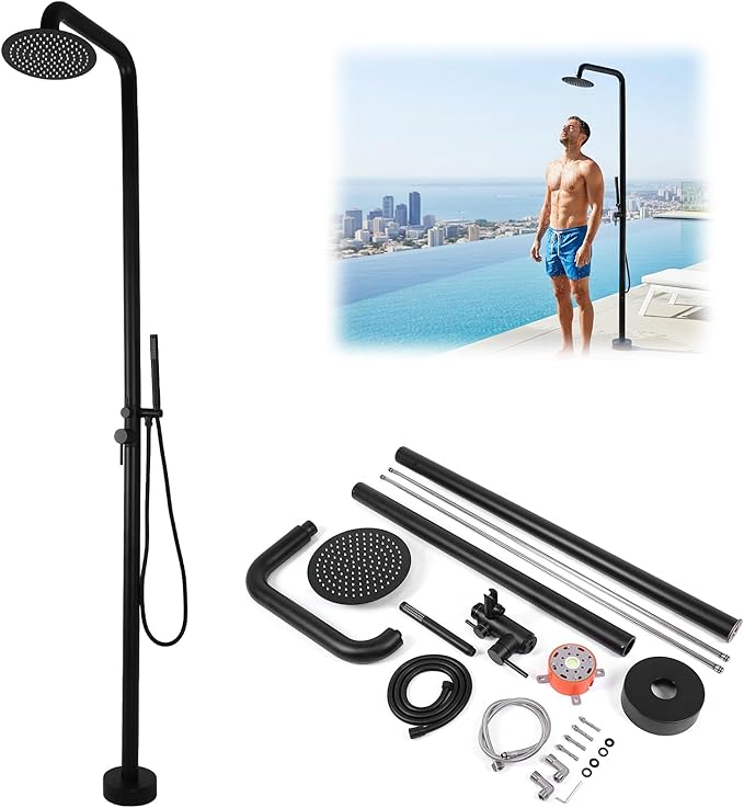 Freestanding Outdoor Shower Black, Height Adjustable Outside Showers with Shower Head, Poolside Portable Power Shower with Handheld Sprayer for Backyard Garden Pool Beach Courtyard