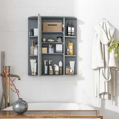 Tangkula Bathroom Medicine Cabinet, Wall Mounted Storage Cabinet with Mirror Door, Removable & 3 Adjustable Shelves, Wooden Hanging Wall Mirror Cabinet for Bathroom Living Room Laundry (Grey)