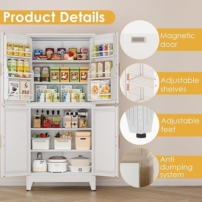 75" Tall Metal Kitchen Pantry Storage Cabinet, Freestanding Cupboard Storage Cabinet with 4 Doors and 4 Adjustable Shelves, Large Stand Up Food Cupboard for Dinning Room, Bathroom, White