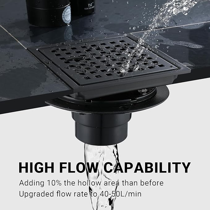6 Inch Square Shower Floor Drain, Stainless Steel Black Shower Drain Kit with Flange, Floor Drain with Removable Grid Cover,Matte Black