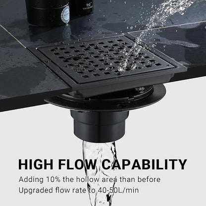 4 Inch Square Shower Floor Drain, Stainless Steel Black Shower Drain Kit with Flange, Floor Drain with Removable Grid Cover,Matte Black