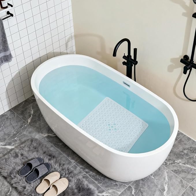 Anti-Slip Bathtub Shower mat, 20.8×20.8（Approximately 53×53cm） inch Soft Oversized Machine Washable Non-Slip Bathtub mat with Drainage Holes, Bathroom Floor Suction Cup.（1-Clear White）