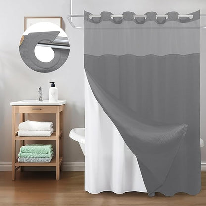 Inhousolu Extra Long No Hook Shower Curtain with Snap in Fabric Liner Set Waffle Weave 230GSM Weighted Hem, Waterproof & Washable Bathroom Curtain Spa Luxury with Mesh Top Window 72" W x 84" L Grey