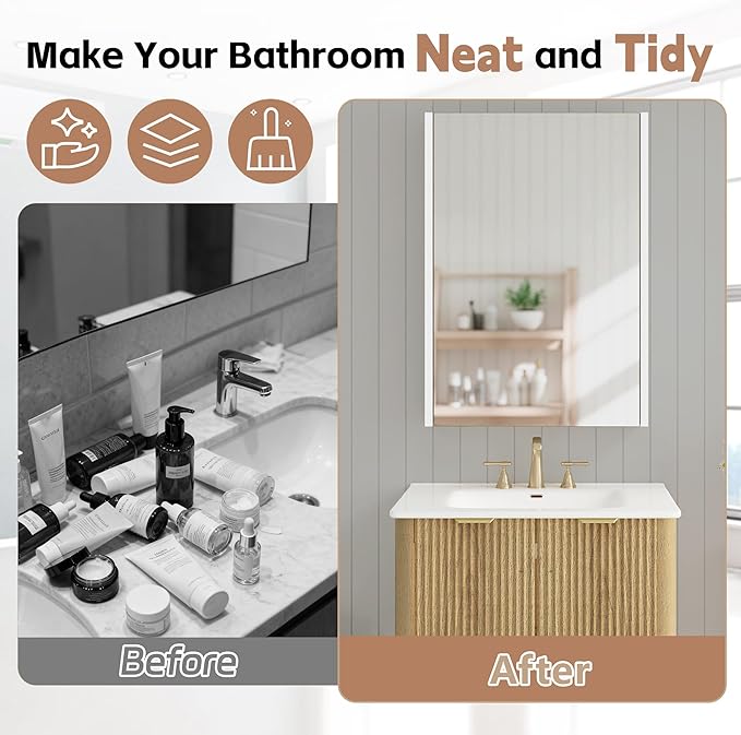 Lighted Bathroom Medicine Cabinet with Mirror，20 x 28 Inch Wall-Mounted Bathroom Wall Cabinet with Storage, LED Lights, Adjustable Shelves,Natural