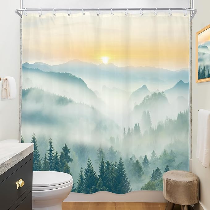 Riyidecor Mountain Shower Curtain 72Wx72H Inch Green Sunrise Sunset Scenery Landscape Tree Nature Pine Scenic Woodland Greenery View Bathroom Decor Fabric Polyester Waterproof 12 Pack Hooks