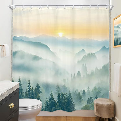 Riyidecor Mountain Shower Curtain 72Wx72H Inch Green Sunrise Sunset Scenery Landscape Tree Nature Pine Scenic Woodland Greenery View Bathroom Decor Fabric Polyester Waterproof 12 Pack Hooks