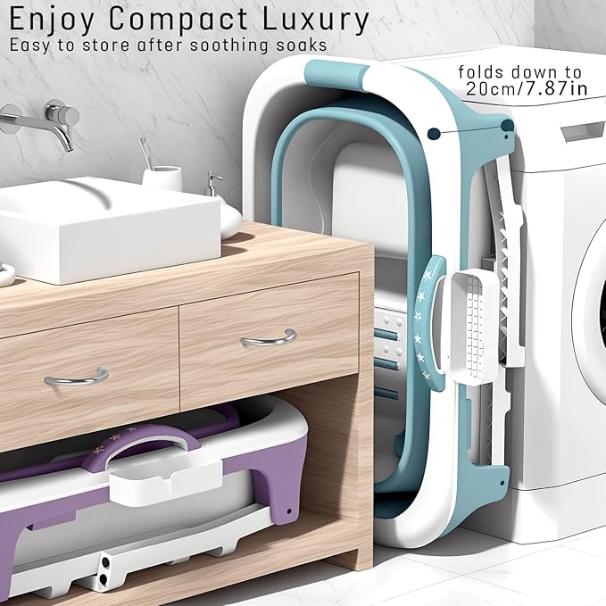 Portable Bathtub, 39 inch Portable Folding Bathtub for Adult, Portable Soaking Bath Tub with Ergonomic Seat & Massage Roller, Freestanding Surround Collapsible Tub for Hot Bath Ice Bath (Purple)