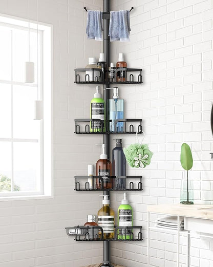 Corner Shower Caddy Tension Pole,39-113 inch Adjustable Rustproof Floor Standing Shower Organizer Shelf with 4 Basket for Bathtub,Inside Shower Shampoo Storage,Black