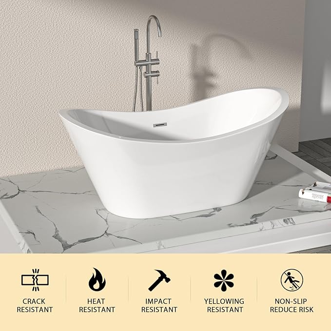 Logmey 59 Inch Freestanding Bathtub White Acrylic Oval Shape Soaking Tub with Chrome Drain & Overflow Assembly for Classic and Modern Bathrooms