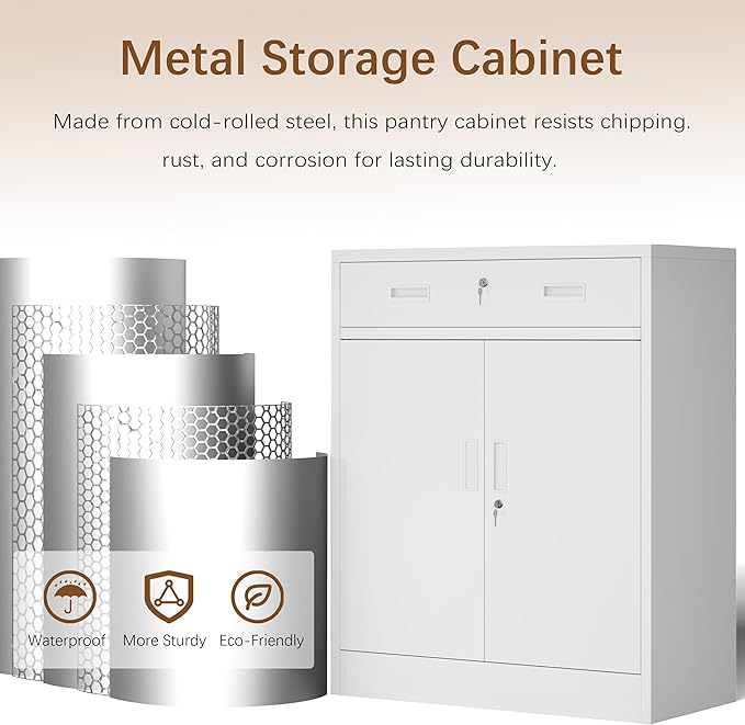 Metal Storage Cabinet with Drawer, 36" H White Locking Metal Cabinet, Adjustable Shelf File Cabinet Cabinet with Doors for Home Office, Garage, Warehouse, Laundry Room, Basement