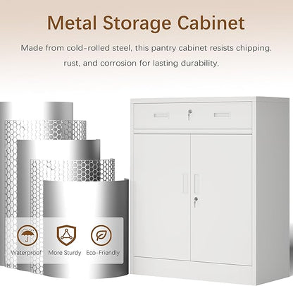 Metal Storage Cabinet with Drawer, 36" H White Locking Metal Cabinet, Adjustable Shelf File Cabinet Cabinet with Doors for Home Office, Garage, Warehouse, Laundry Room, Basement