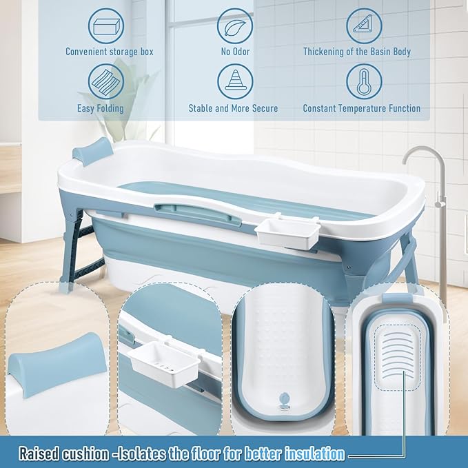 56" Portable Bathtub for Adult, No Installation, Foldable Tub for Shower, Folding Collapsible Bathtub Soaking Tub for Bathroom, Ergonomically Designed for The Ultimate Relaxing Soaking Bath Blue