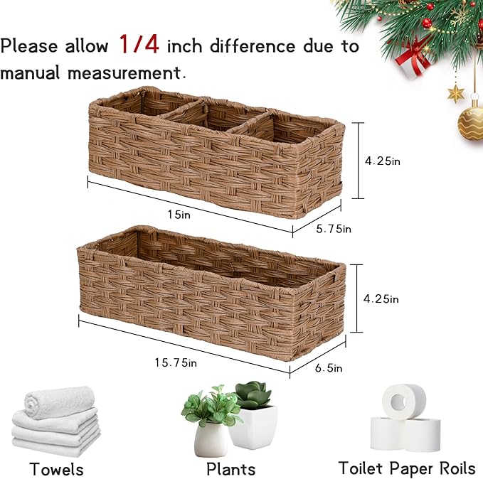 DULLEMELO Small Wicker Toilet Tank Basket Set of 2 Waterproof Bathroom Baskets for Organizing, Brown