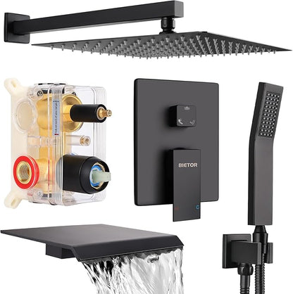 Wall Mounted Shower Faucet Set, Shower System with Tub Spout, 10 Inch Rainfall Shower Head with Handheld Spray, Waterfall Tub Spout Bathtub Faucet, Black
