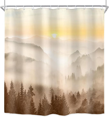 Riyidecor Misty Mountain Shower Curtain 72Wx72H Inch Brown Sunrise Nature Scenery Foggy Pine Tree Woodland Modern Natural Landscape Men Cool Bathroom Decor Fabric Polyester Waterproof 12 Pack Hooks