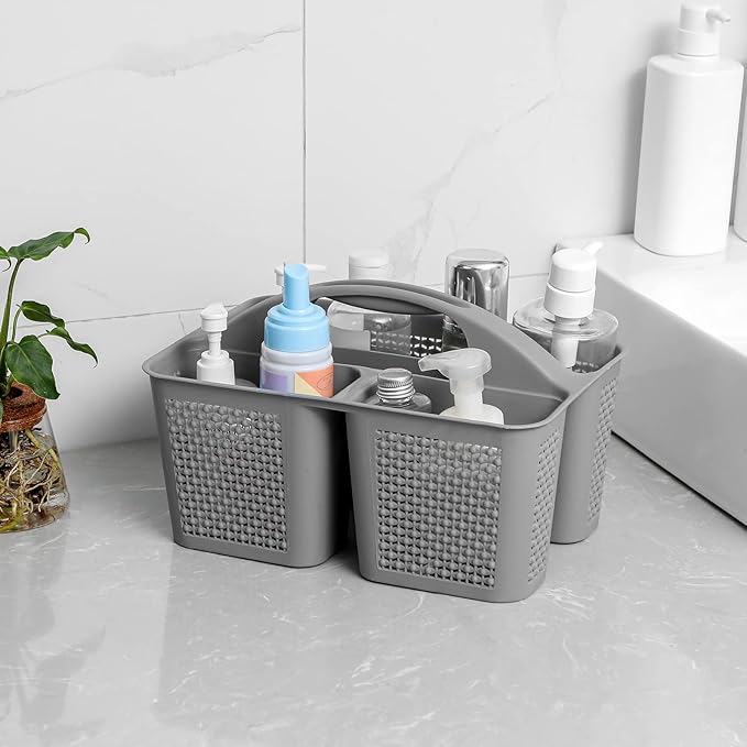 UUJOLY Plastic Portable Shower Caddy Bucket, Cleaning Shower Basket with Handle Compartments Storage Organizer for Bathroom Kitchen College Dorm Sink, Grey