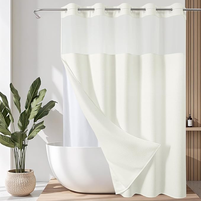VANZAVANZU Hookless Shower Curtain with Mesh Top and Snap in Waterproof Liner, Waffle Weave, Weighted Magnets Hem, Machine Washable, 72 x 75 Inches – (Beige)