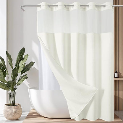 VANZAVANZU Hookless Shower Curtain with Mesh Top and Snap in Waterproof Liner, Waffle Weave, Weighted Magnets Hem, Machine Washable, 72 x 75 Inches – (Beige)