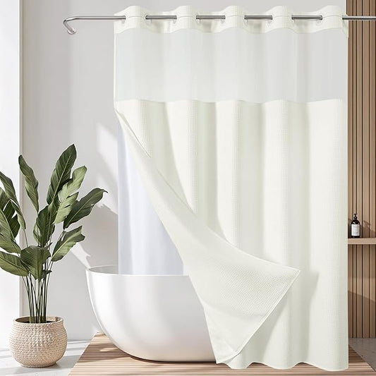 VANZAVANZU Hookless Shower Curtain with Mesh Top and Snap in Waterproof Liner, Waffle Weave, Weighted Magnets Hem, Machine Washable, 72 x 75 Inches – (Beige)