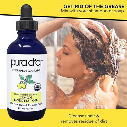 PURA D'OR Organic Lemon Essential Oil (4oz with Glass Dropper) USDA Certified 100% Pure & Natural Therapeutic Grade Diffuser Oil Citrus Scented for Aromatherapy, Mood Uplift, Energy, Focus