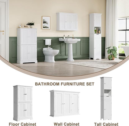ChooChoo Bathroom Wall Cabinet with 3 Doors, Laundry Cabinet Wall Mounted, Medicine Cabinet with Adjustable Shelves, Hanging Kitchen Cupboard Organizer, White