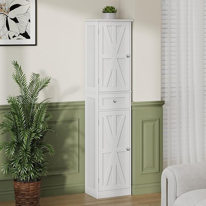 67" H Tall Bathroom Cabinet, Narrow Storage Cabinet with 2 Barn Doors and 1 Drawer, Freestanding Floor Cabinets with 6 Shelves for Bathroom, Living Room, Kitchen, White