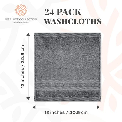 White Classic Wealuxe Dark Gray Washcloths 24 Pack - 600 GSM 100% Ring-Spun Cotton Wash Cloths for Showering, Highly Absorbent and Soft | 12x12 Inches