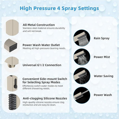 Hibbent All Metal CUPC Certified 12'' Rainfall Shower Head, Dual Shower Head Combo, High Pressure Handheld 4 Sprays Shower Wand, 16'' Adjustable Extension Arm, 71'' Hose, Shower Holder, Brushed Nickel