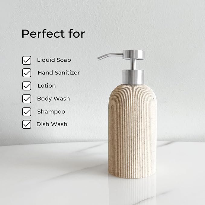 Lunestella Elegant Boho Beige Hand Soap Dispenser with Stainless Steel Pump, for Bathroom and Kitchen, Rust Proof, 7oz