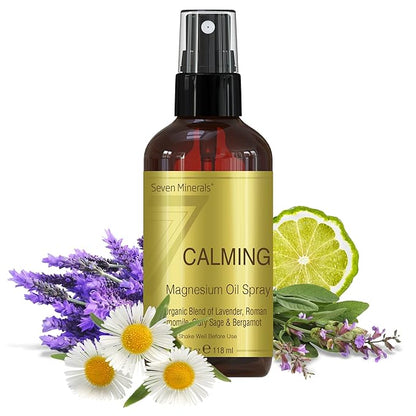 Seven Minerals Calming Magnesium Spray | 100 Percent Natural Essential Oils Blend - Made in USA (Lavender, Roman Chamomile, Clary Sage, and Bergamot) || eBook Included (New)